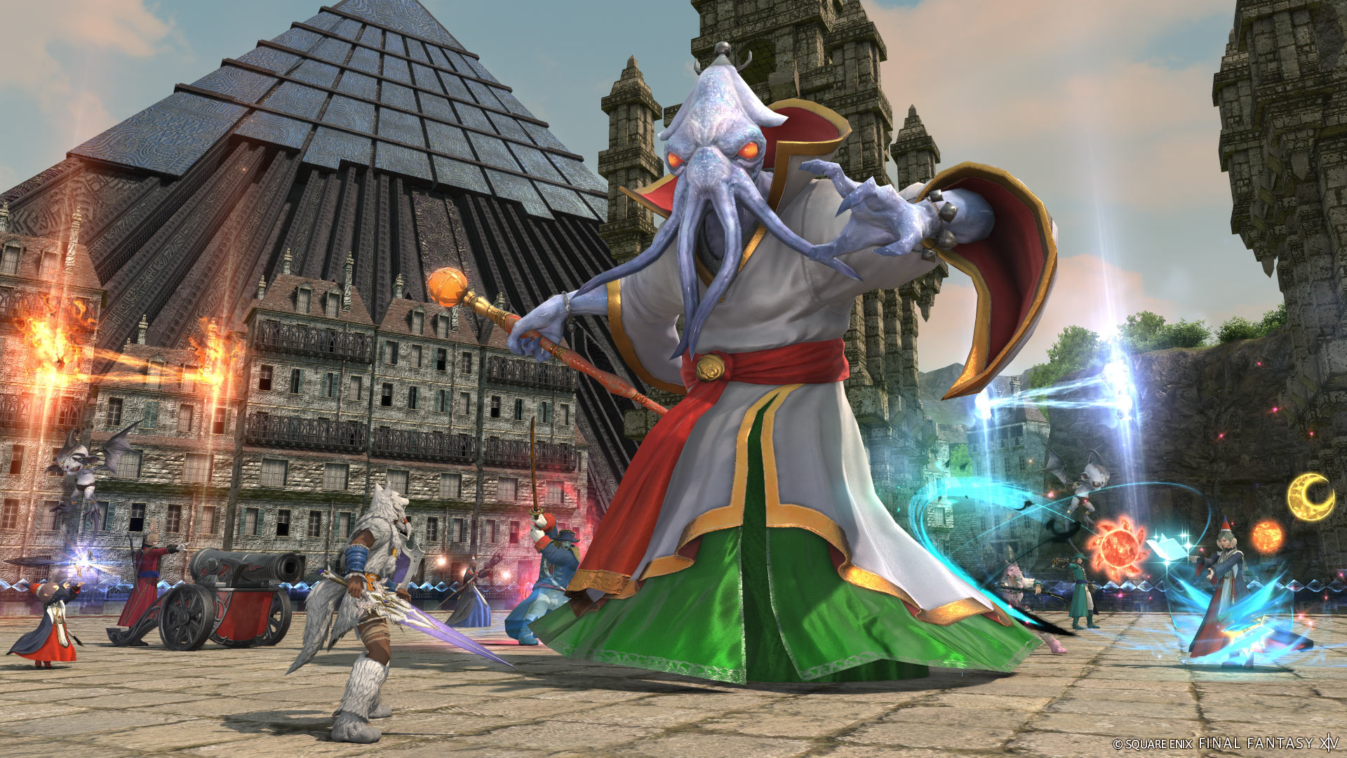 An image of a fight with 3 enemies, all the same model but with different colors, likely from FT
