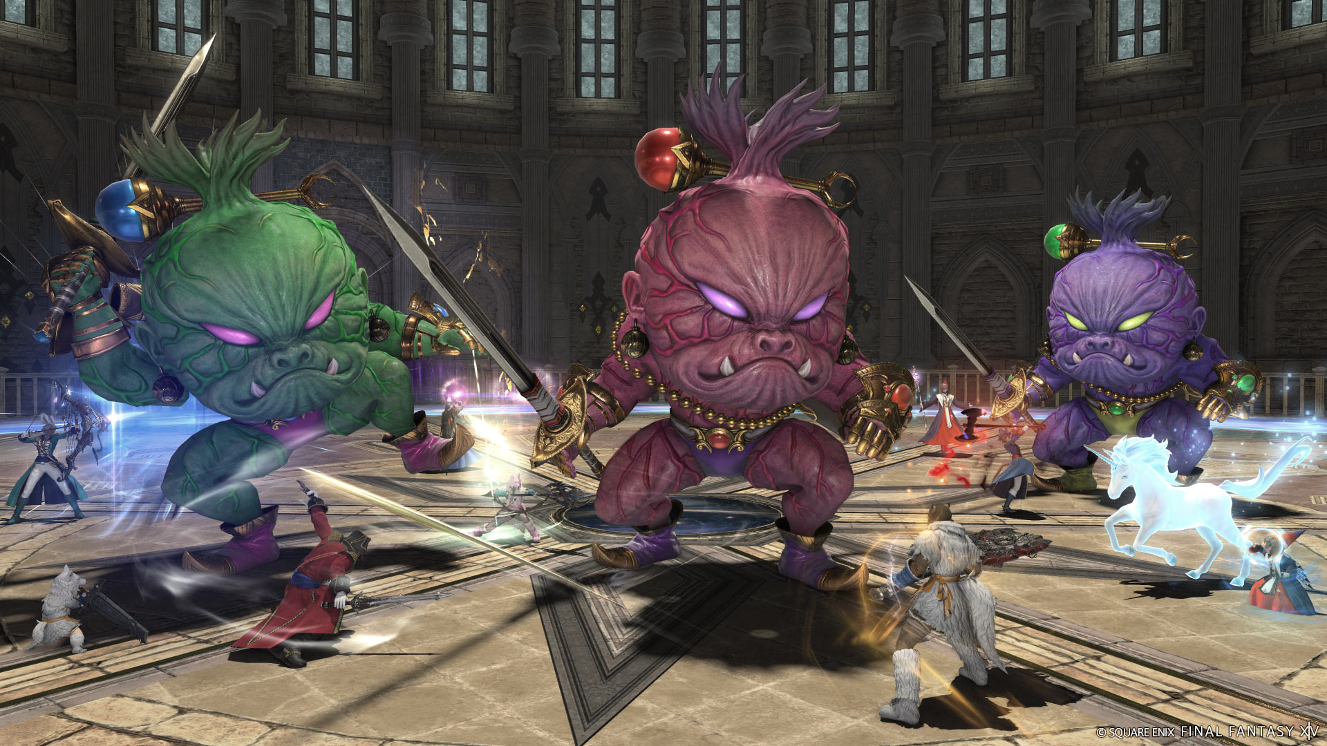 An image of a fight with 3 enemies, all the same model but with different colors, likely from FT